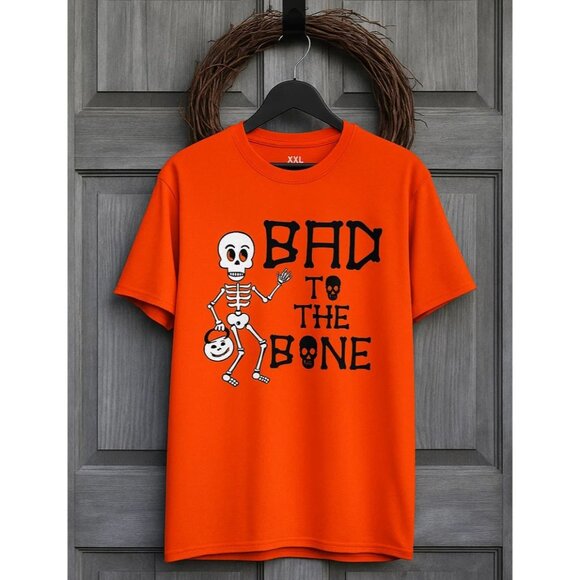 Bad To The Bone T Shirt Size XXL Orange Skeleton Graphic Halloween Adult Tee - Picture 2 of 7